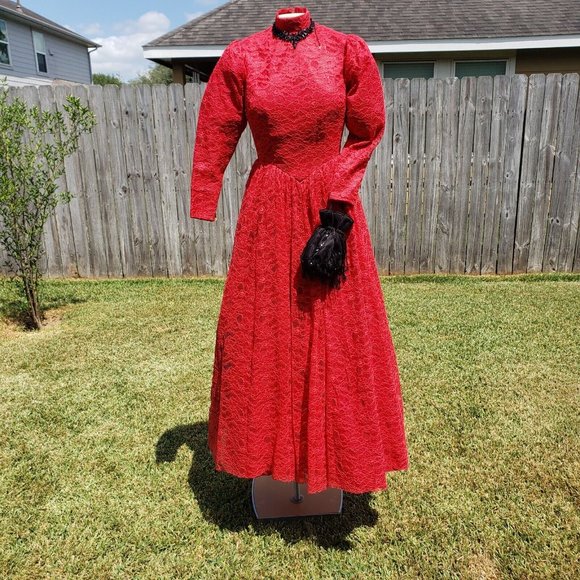 Victorian Corner Dresses Victorian Red Dress High Neck Puff Sleeves